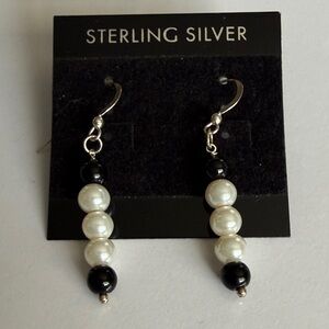 Sterling Silver Black Onyx and White Pearl Earrings